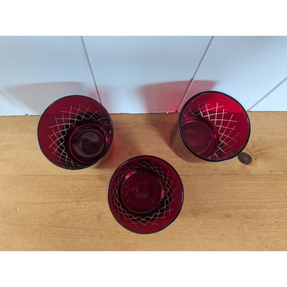 3 Cranberry Red Cut-to-Clear Lowball Rocks Glasses - Diamond Pattern - Picture 3 of 5